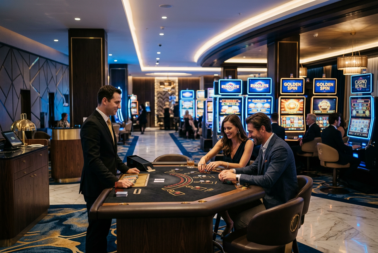 A high-end European casino atmosphere with modern gaming elements.