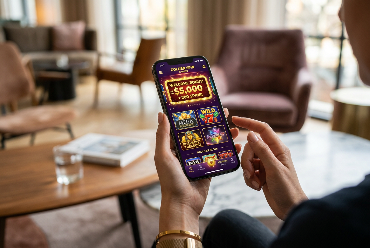A modern smartphone showing a casino interface με bonus offers.