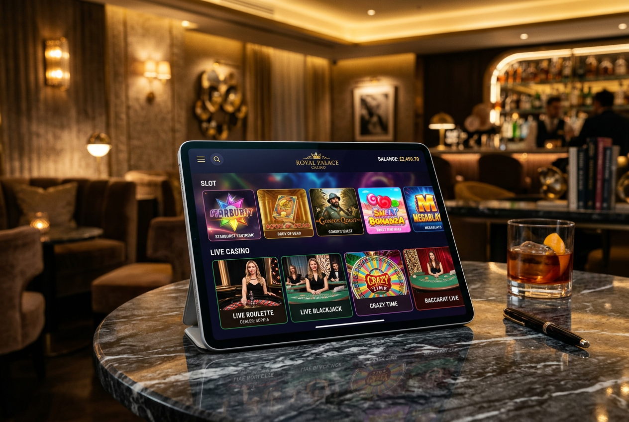 A high-end digital tablet displaying a vibrant online casino interface in a luxury setting.
